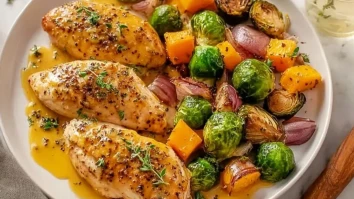 Blattpfannen-Honig-Dijon-Hühnchen mit Gemüse