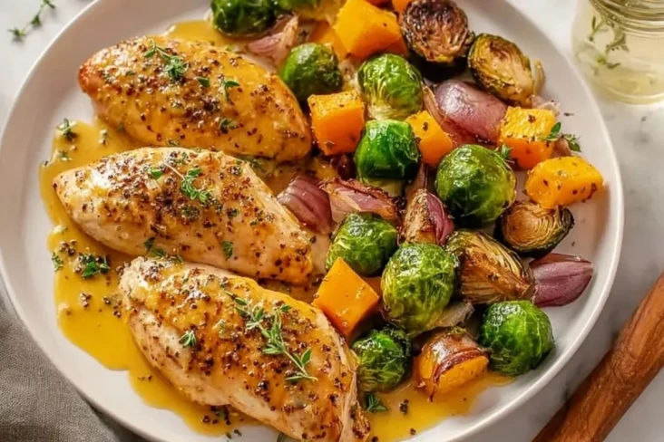 Blattpfannen-Honig-Dijon-Hühnchen mit Gemüse