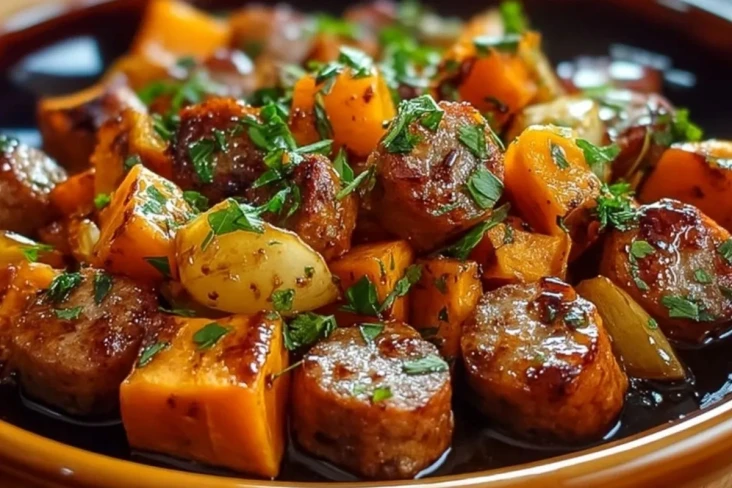 Honig-Knoblauch-Wurst mit Süßkartoffeln