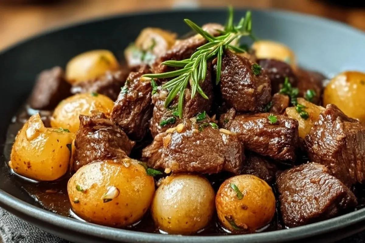 Langsam Gekochte Knoblauchbutter Rinderbissen Mit Kartoffeln