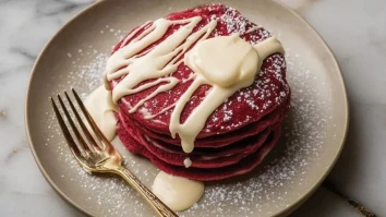 Rote Samt-Pfannkuchen Für Ein Süßes Valentinstags-Frühstück