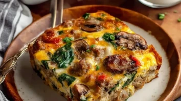 Herzhafter Wurst-Spinat-Pilz-Ei-Auflauf